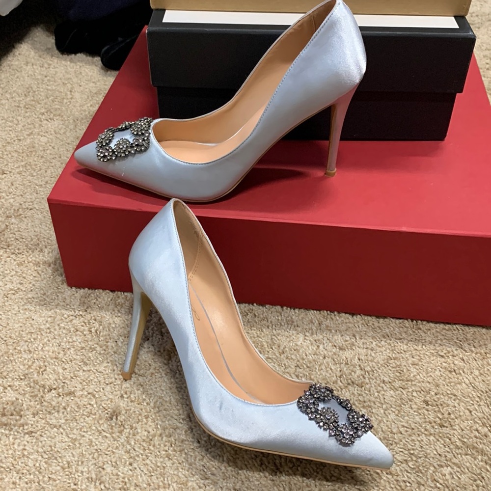 Satin jeweled broach heels